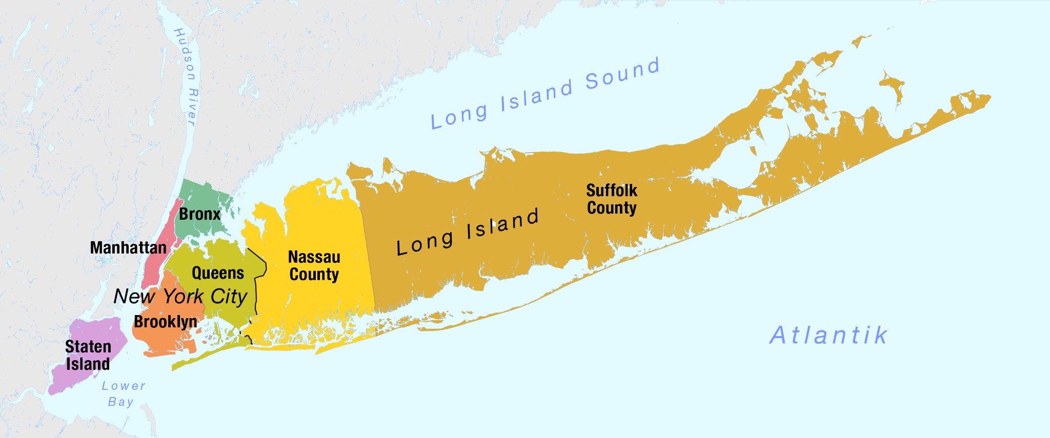 Long Island map showing Nassau County, Suffolk County and New York City boroughs